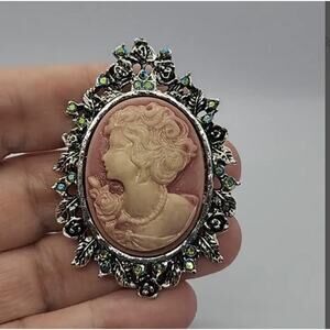 Rose Color Lady Cameo Brooch AB Crystals Silver Tone Metal Pretty